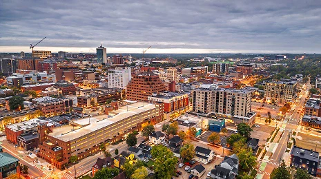 Downtown cityscape of Ann Arbor at dawn.
