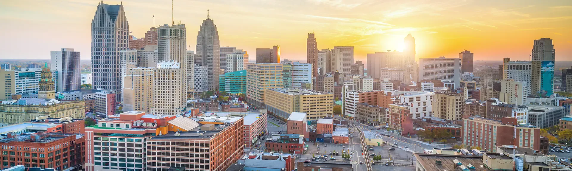 An aerial view of the Detroit, Michigan skyline.