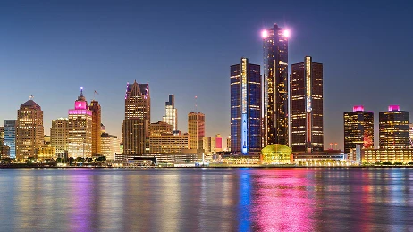 Skyline of Detroit at dusk.