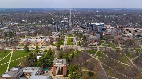 Aerial view of Michigan State University (MSU) campus in East Lansing.