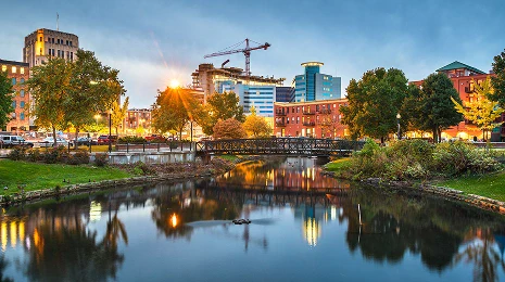 Downtown skyline and Arcadia Creek in Kalamazoo, Michigan