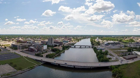 Aerial view of downtown Saginaw Michigan and the Saginaw River