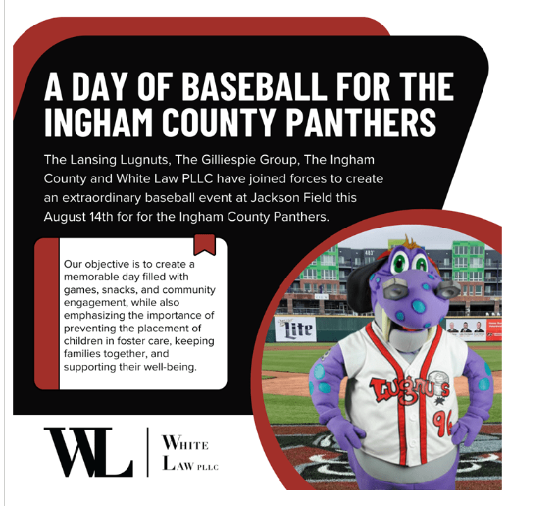 Event poster for "A Day of Baseball for the Ingham County Panthers" at Jackson Field on August 14th, featuring the Lansing Lugnuts mascot, Big Lug.